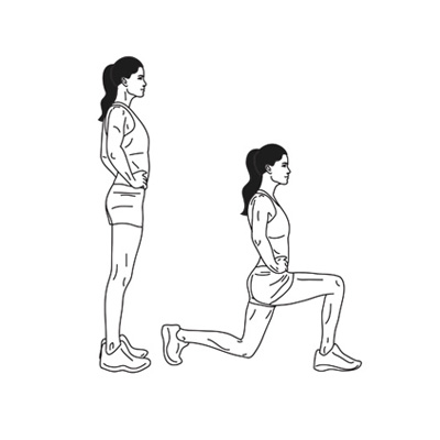 Ilustração do exercício de passadas alternadas (lunges) do Darebee