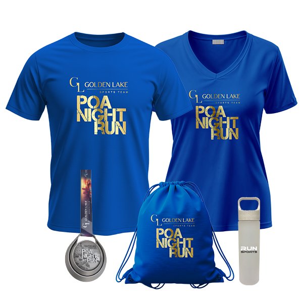 Kit do atleta da POA Night Run 2026 com camiseta técnica, sacolinha, squeeze e número de peito
